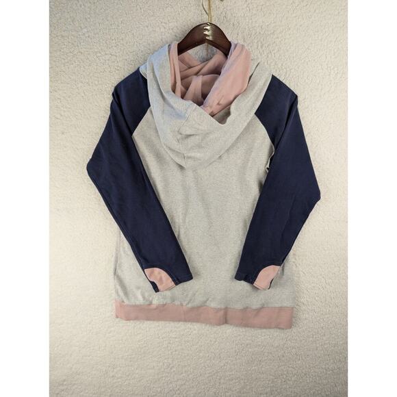 & Womens Asymmetry Neck Long Sleeve Double Hood Hoodie Gray/Pink XL Pockets - Picture 7 of 10